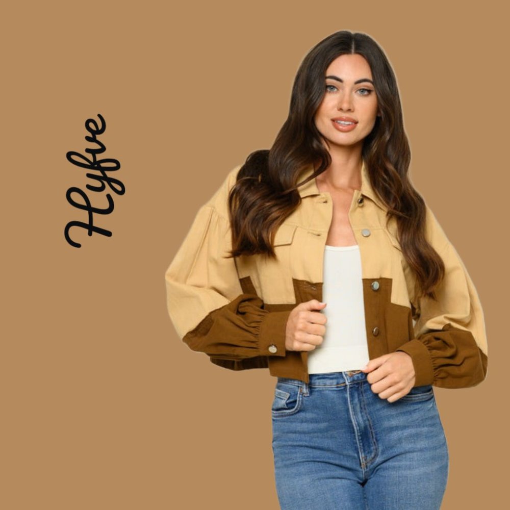 NWT Long Sleeve Button Up Chambray Colorblock Jacket Brown & Tan